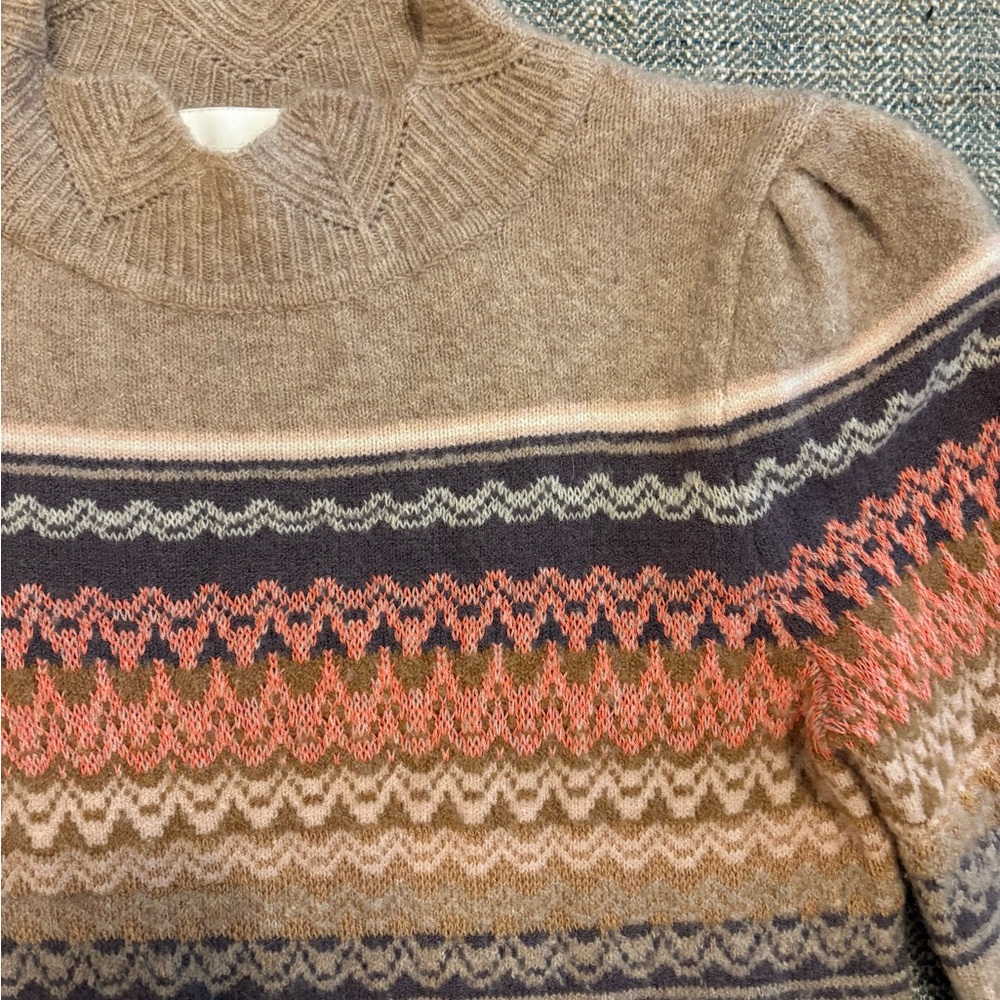 Anthropologie Taupe Fair Isle Mock-Neck Sweater with Pink and Brown Accents XS - Picture 5 of 6
